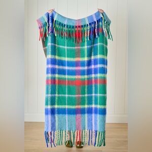 Anthropologie Vibrant Holiday Plaid Throw tartan green festive new fringe wool